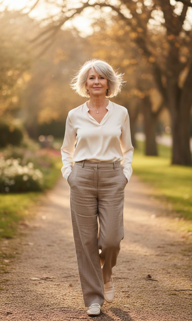 Medium layered silver hairstyle for women over 70 walking outdoors.