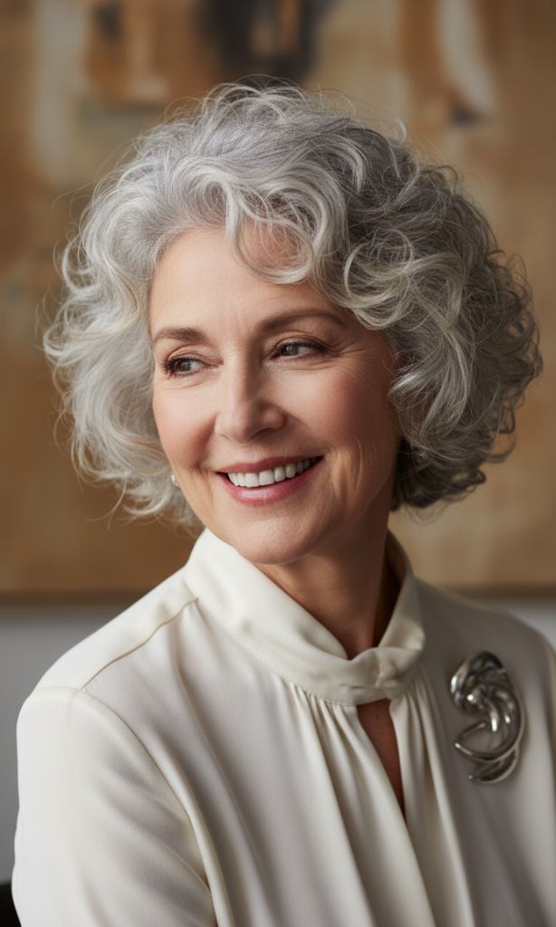 Short curly silver hairstyle for women over 70 with natural volume.