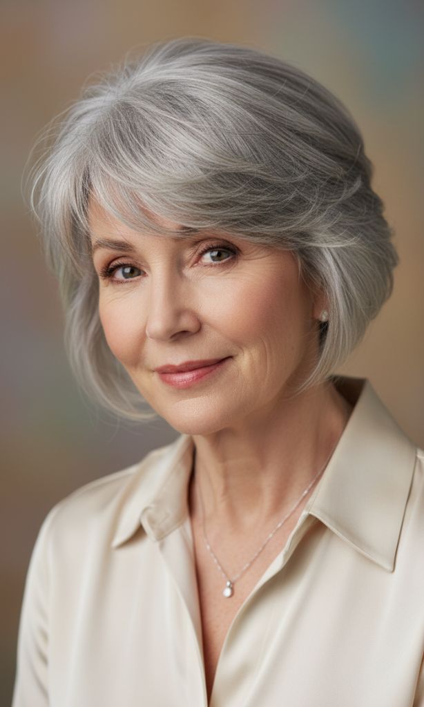 Feathered side-layer silver bob haircut for women over 70.