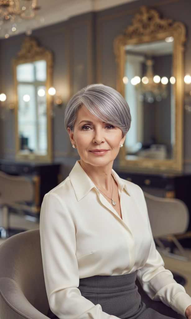 Short side-swept silver haircut for women over 70 in a salon.