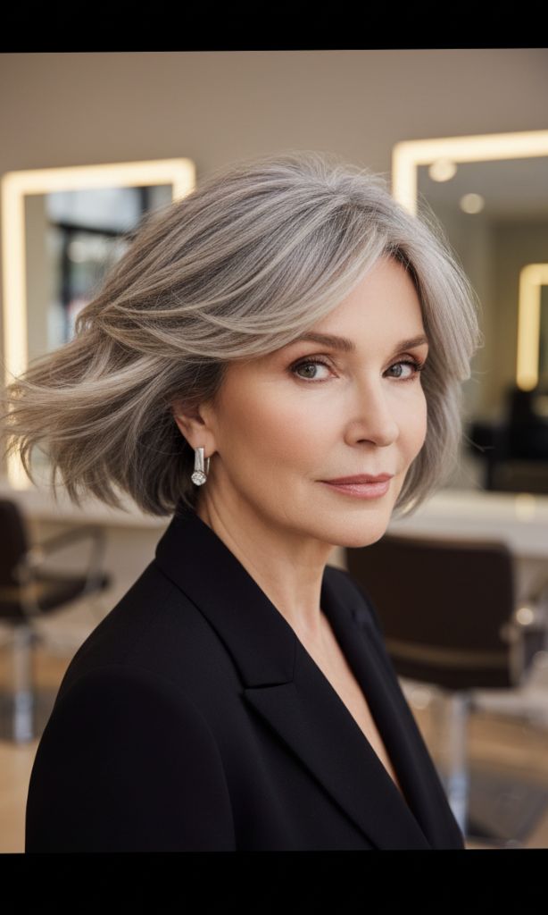 Wind-swept layered silver hairstyle for women over 70.