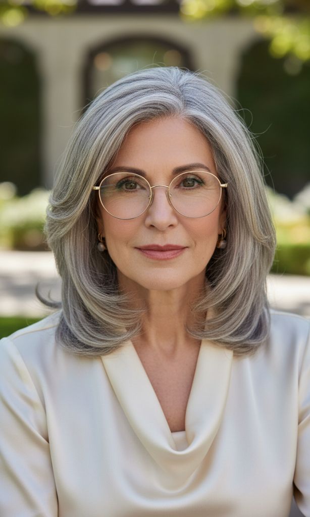 Medium feathered silver hairstyle for women over 70 wearing glasses.