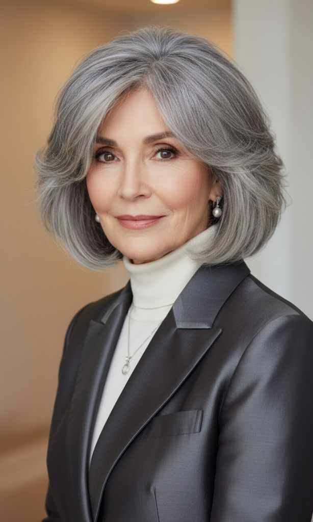 Layered silver bob hairstyle for women over 70.