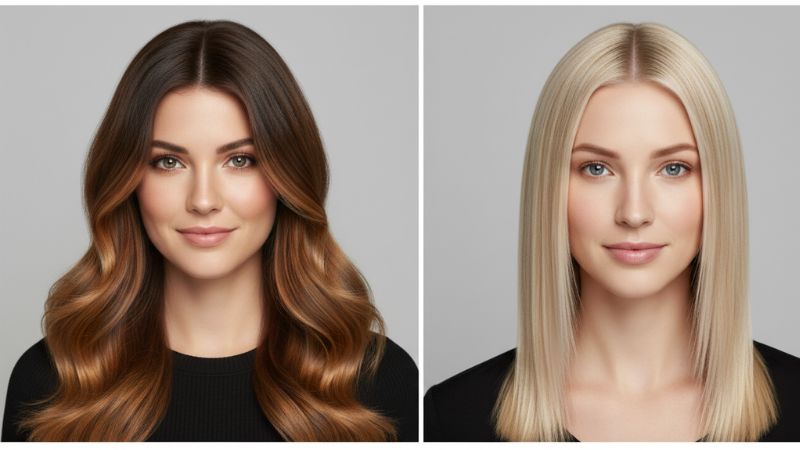 side by side comparison of balayage hair color and blonde highlights on long hair