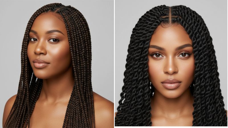side by side comparison of box braids hairstyle and two strand twists hairstyle