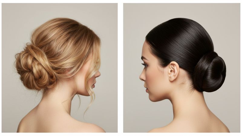 side by side comparison of messy bun hairstyle and sleek bun hairstyle on two women