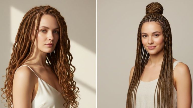 side by side comparison of locs hairstyle and box braids hairstyle on two women