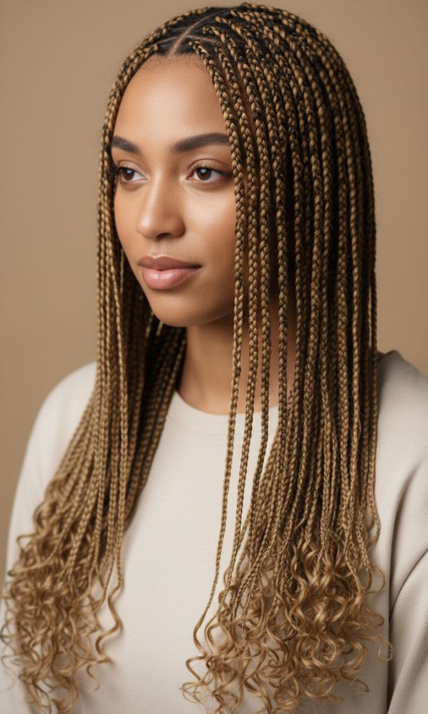 woman with long blonde boho box braids featuring loose curly ends and neat scalp braiding
