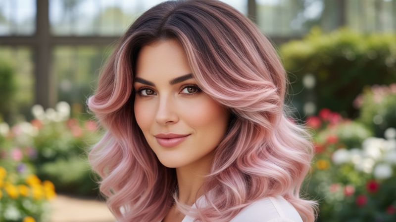 woman with pink balayage soft waves blended pink tones modern hairstyle