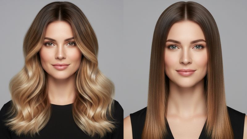 ombre wavy hair vs sombre straight hair styling comparison contrast vs natural blend