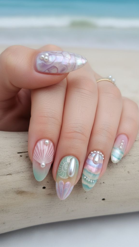 pearl sea shell nails elegant glossy beach manicure