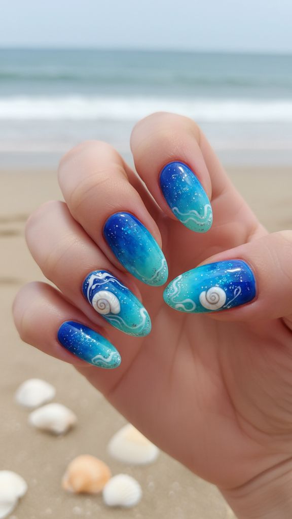 ocean blue sea shell nails gradient beach manicure