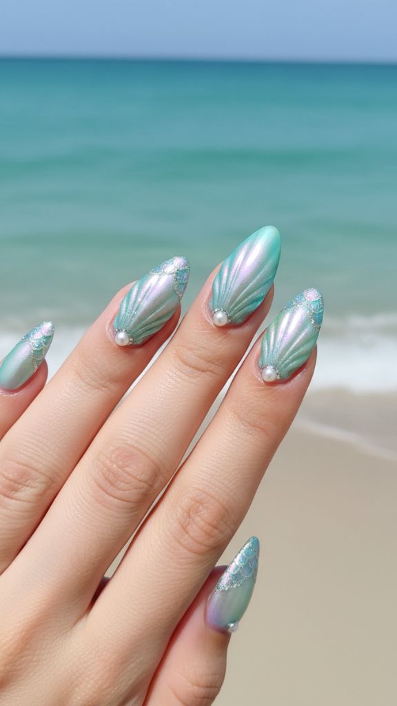 mermaid sea shell nails shiny iridescent ocean manicure