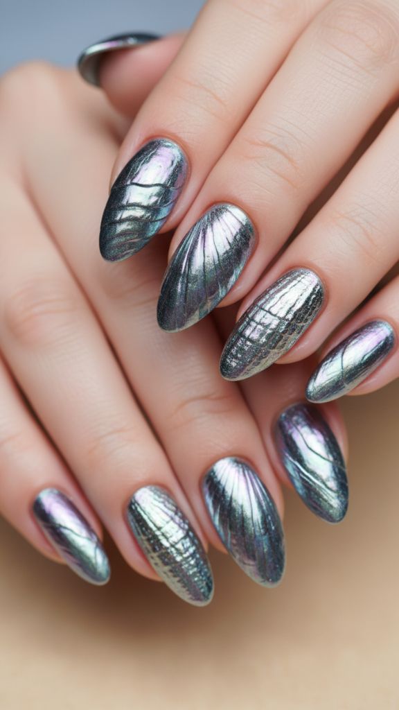 chrome sea shell nails metallic shiny manicure
