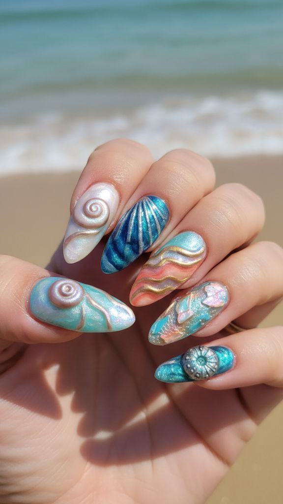 long acrylic sea shell nails detailed beach nail art
