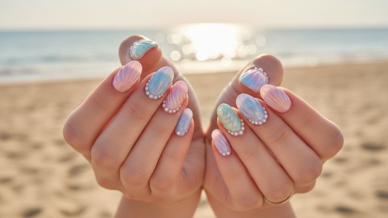 sea shell nails pastel beach design glossy pearl textured manicure summer style