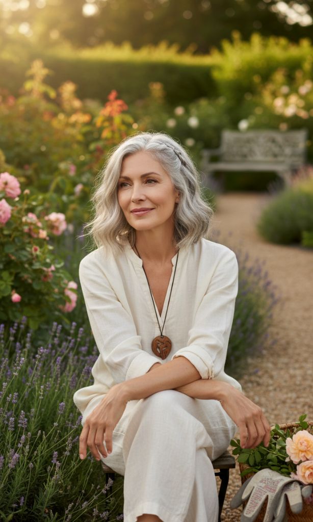 Woman over 50 with a relaxed silver wavy bob hairstyle sitting in a sunny garden surrounded by flowers.