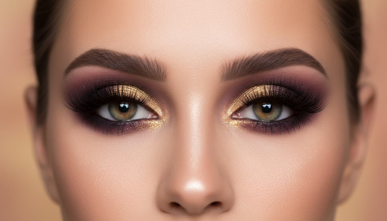 Glam smoky eyes with gold shimmer, deep plum blending, and bold lashes for a luxury party look.
