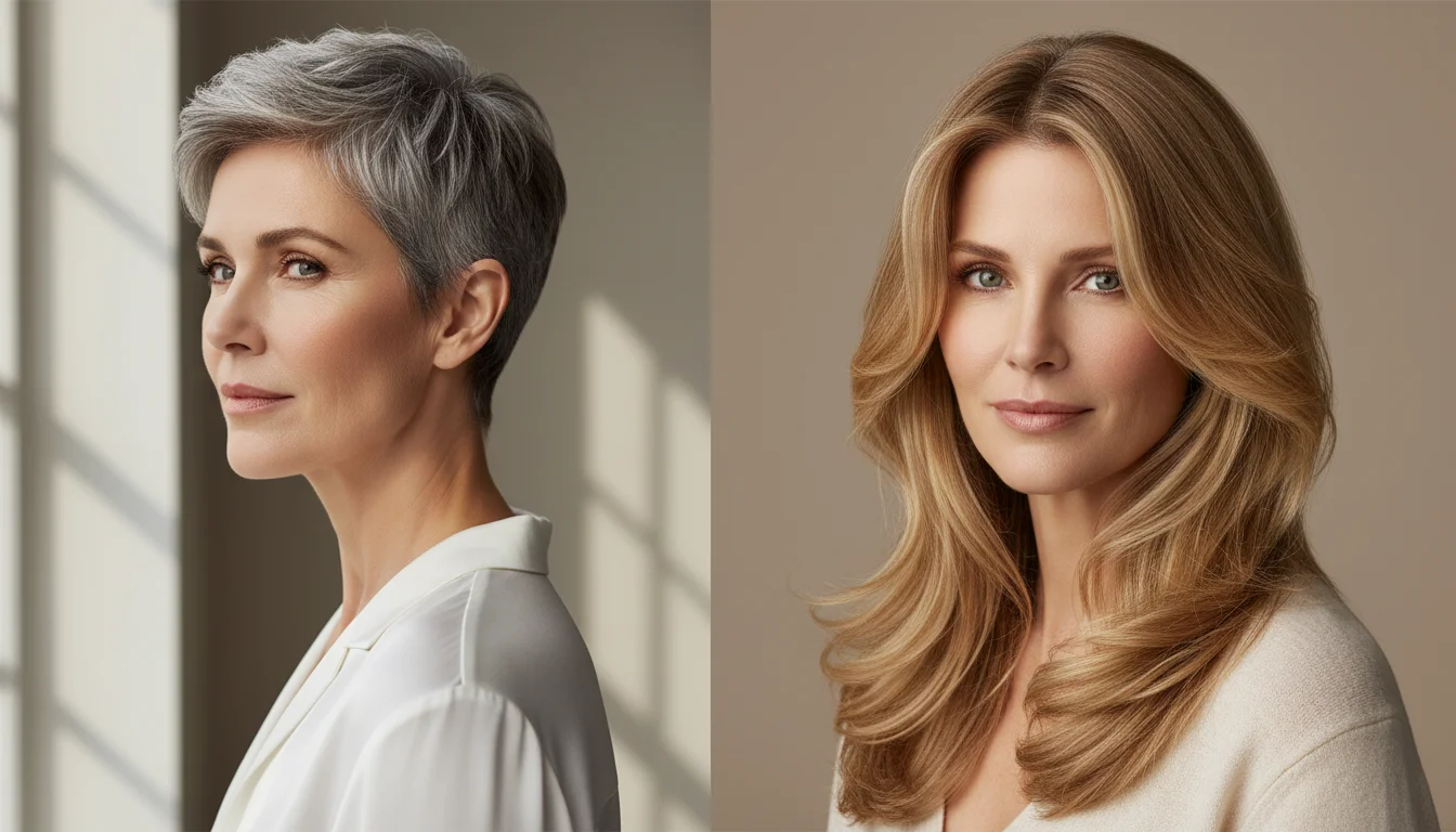 Side-by-side comparison of a short pixie haircut and long layered hairstyle for mature women.