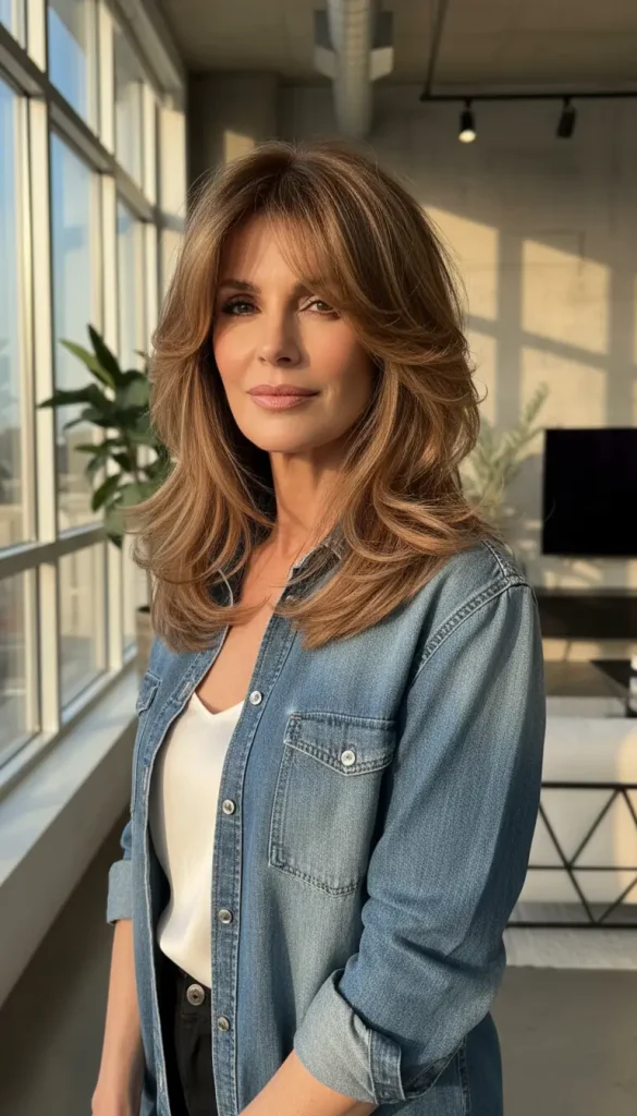 thick brown hair styled in feathered layers with smooth blow-dry
