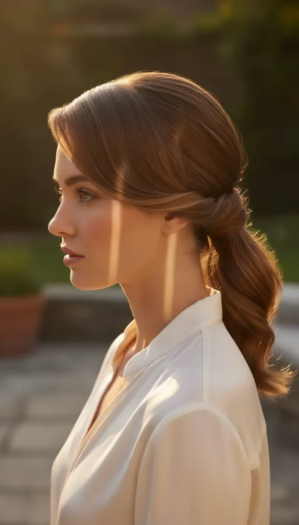 low ponytail with side swept front softening a prominent forehead.