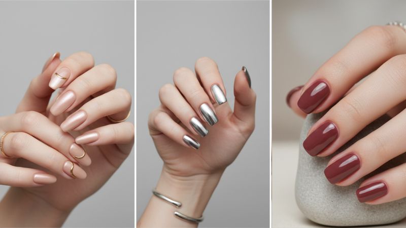 Neutral chrome nails collage with three panels showing almond beige chrome nails, chrome French tips, and glossy nude chrome short nails on female hands