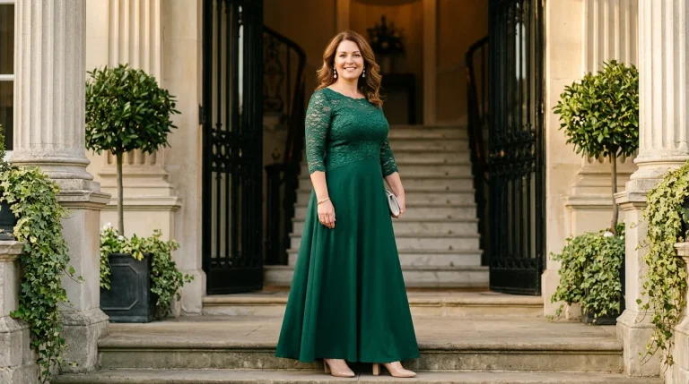 very obese plus size woman over 40 wearing elegant mother of the groom dress at wedding venue.