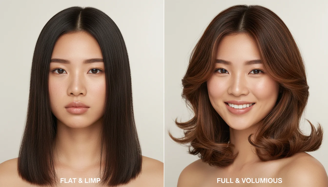Woman showing before and after transformation from flat hair to voluminous bouncy hair