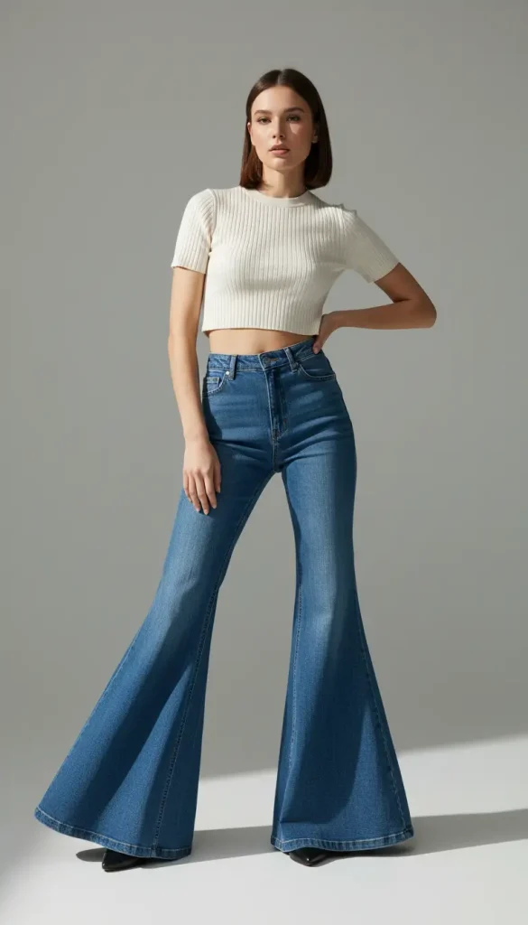 Woman wearing stylish spring summer jean outfit with white crop top and high-waisted flare blue jeans