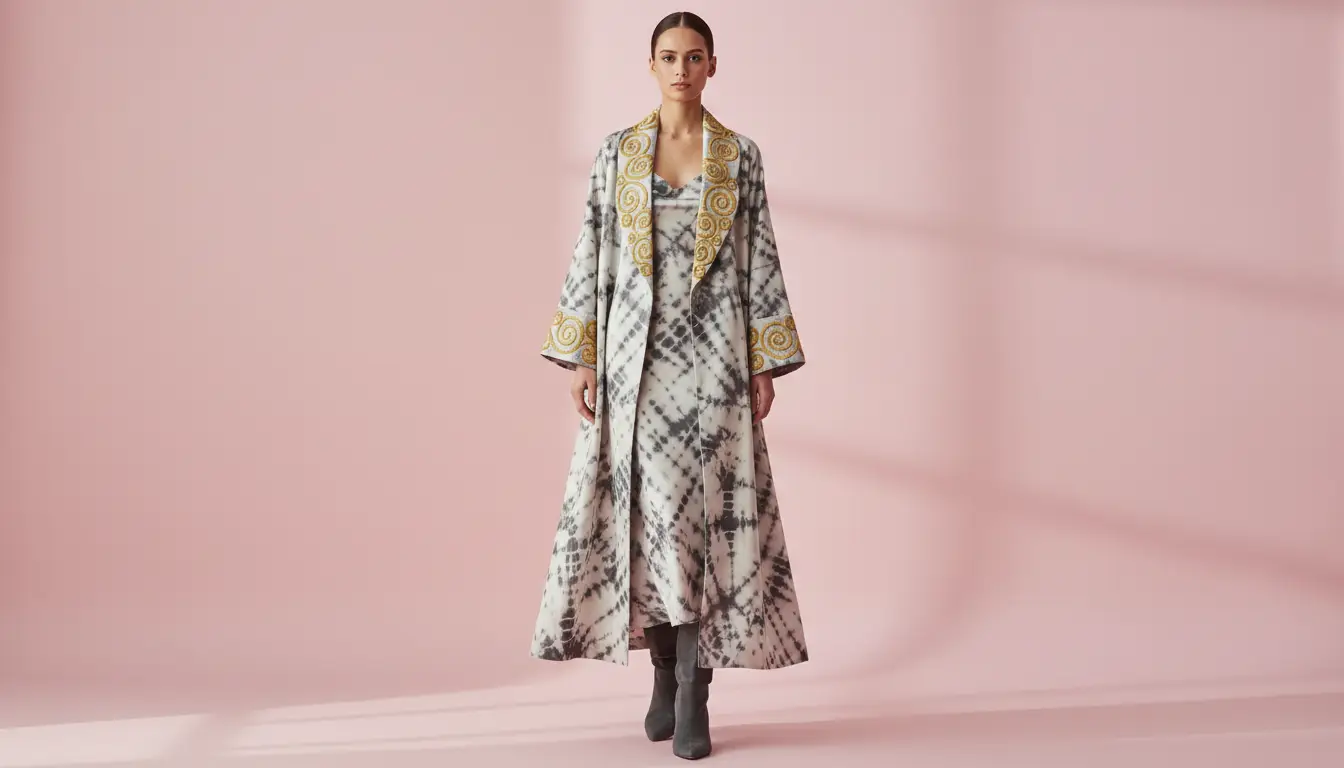 Woman wearing elegant tie dye outfit with long layered coat and dress, modern tie dye outfits fashion style