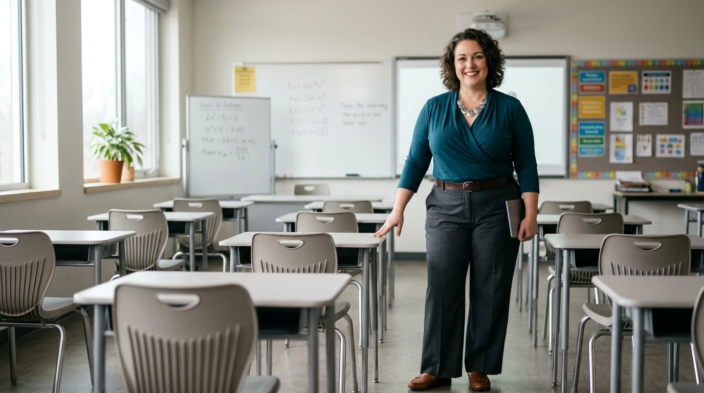 Plus-size teacher style over 40 wearing a stylish classroom outfit and standing confidently in a modern classroom.