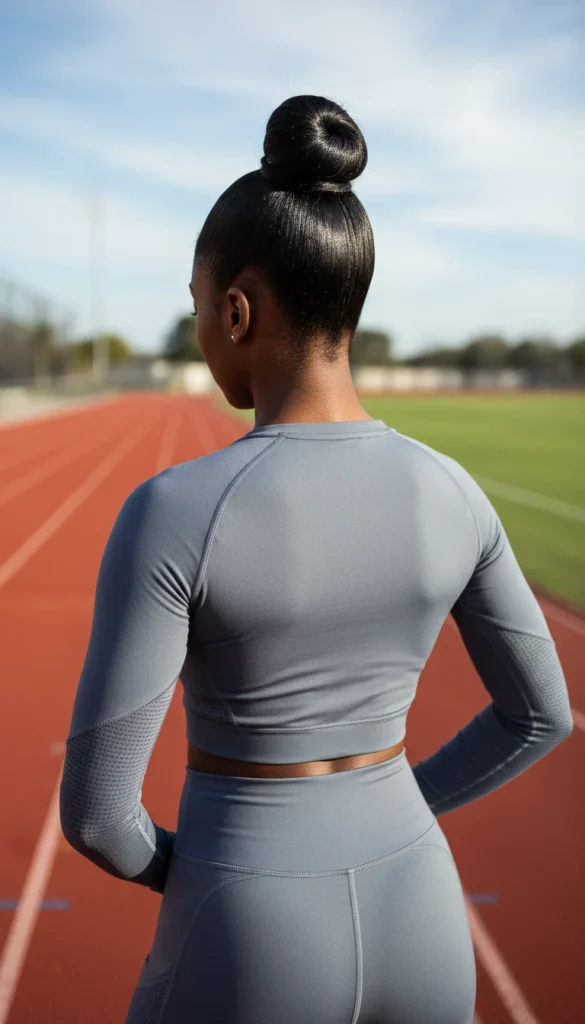 high bun track hairstyle black woman sporty back view.