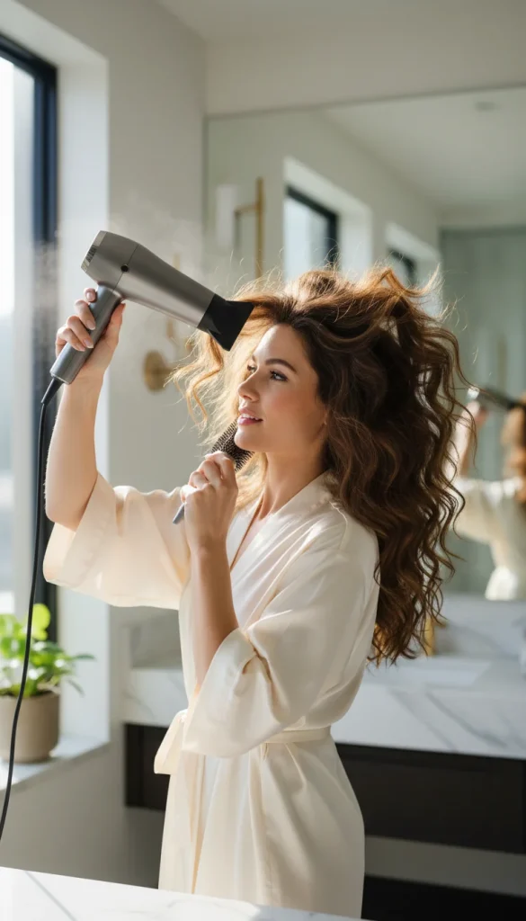 Woman blow-drying hair to create volume