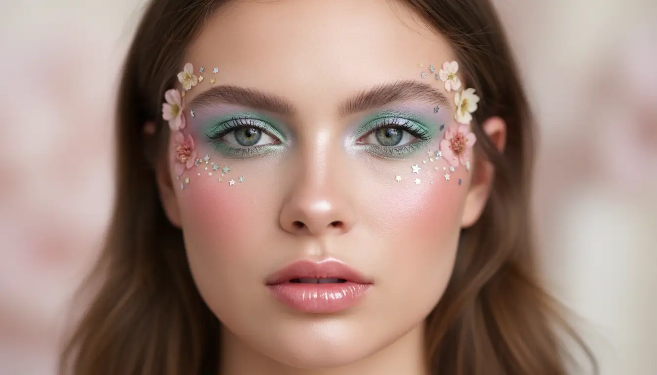 Female model wearing elegant whimsy makeup with pastel shimmer and fantasy accents