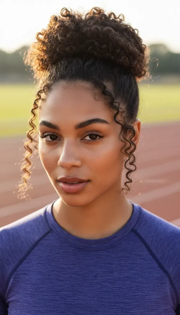 Female model showing a defined curl bun basketball hairstyle with texture