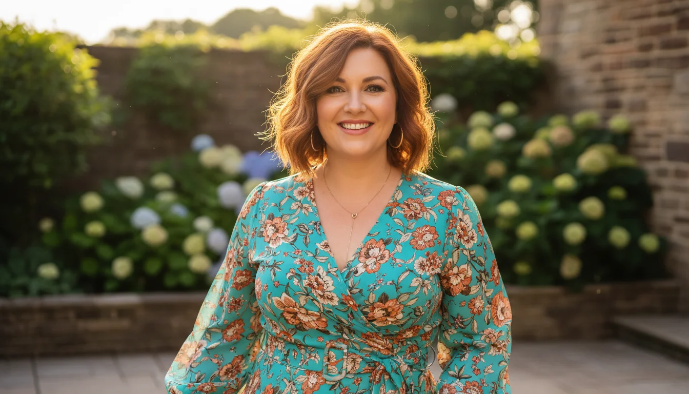plus size woman over 40 with fresh summer haircut smiling in stylish outfit outdoors.