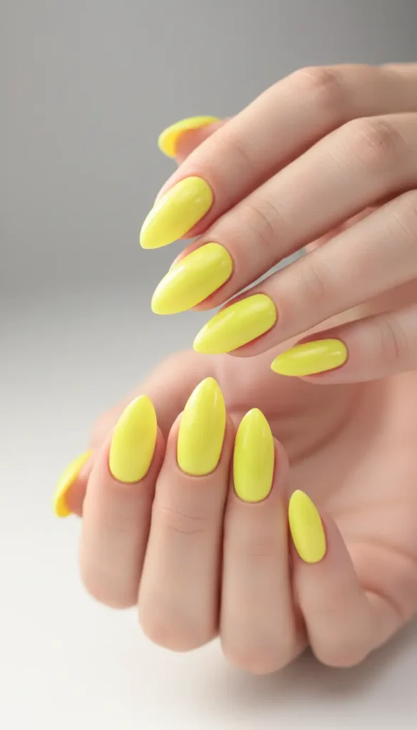 Female hands with translucent neon yellow jelly summer nails in almond shape