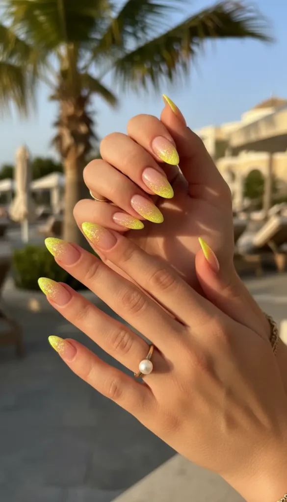 Elegant hands featuring nude nails with sparkling yellow French tips