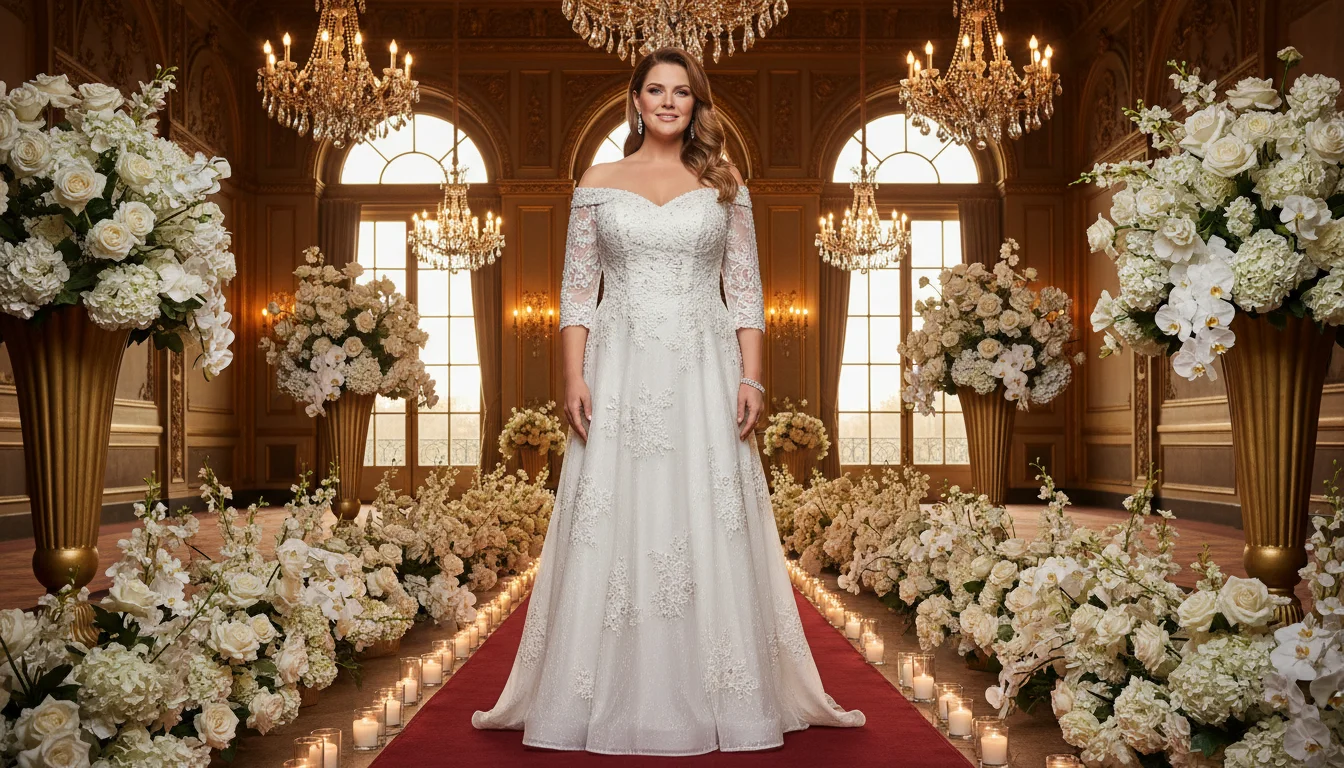 very obese plus size woman over 40 wearing elegant mother of the groom dress at wedding venue.