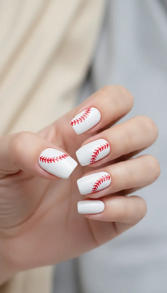 white nails with red baseball stitching design minimalist manicure.