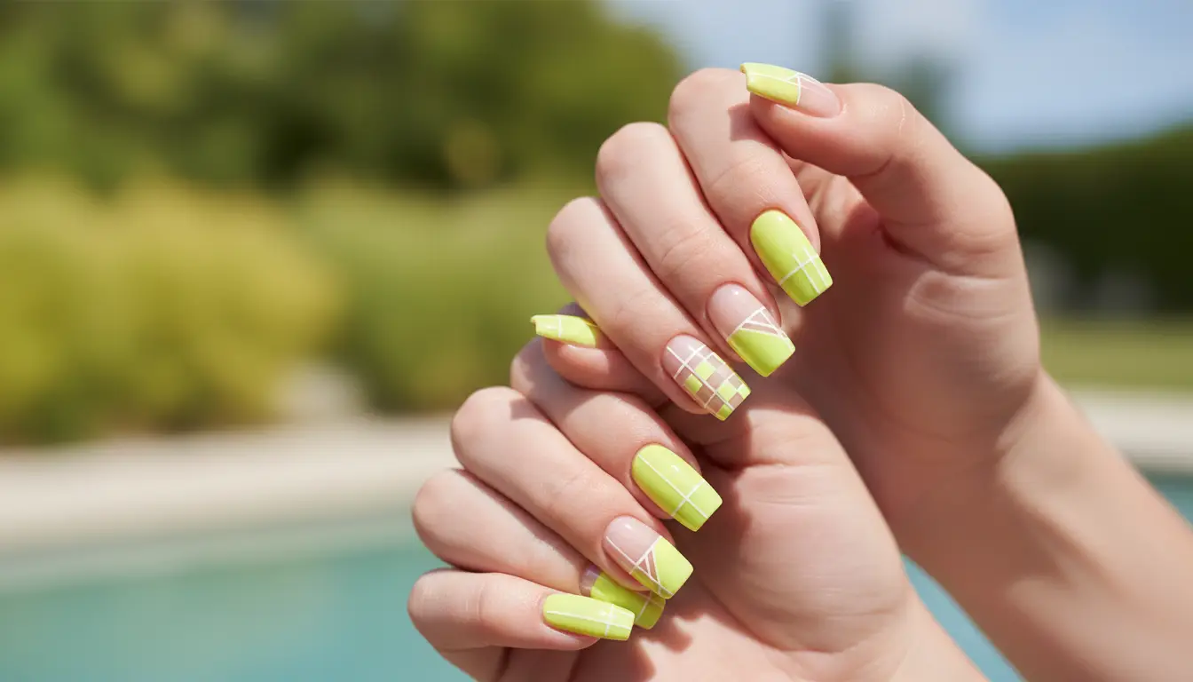 Stylish hands with neon yellow summer nails featuring geometric line art and glossy square manicure near a poolside setting