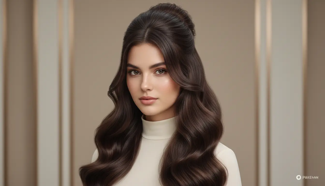 Female model with glossy chocolate brown hair color ideas featuring soft dimensional waves