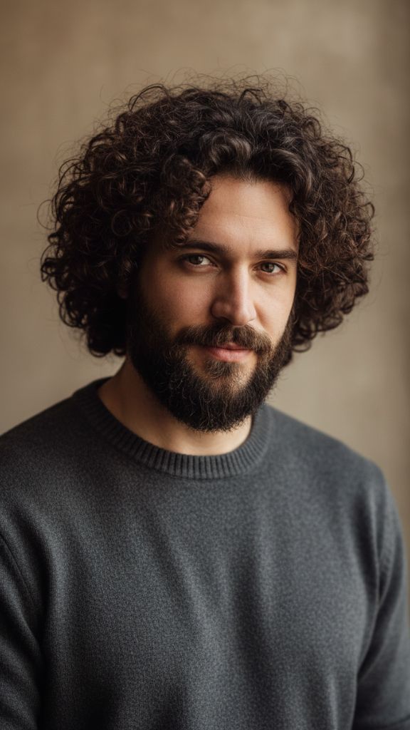 curly hairstyle with beard for men