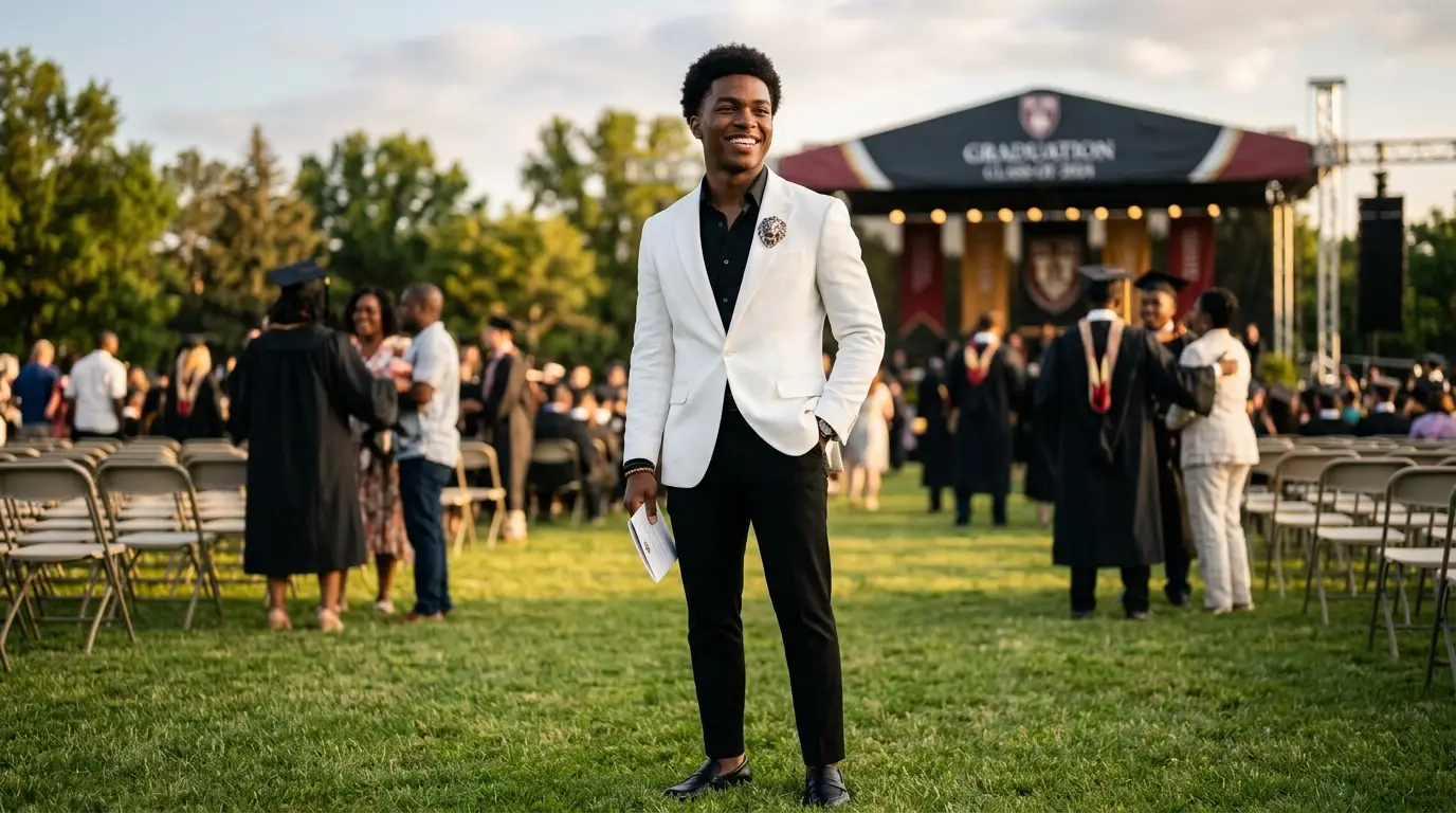 Man wearing a white blazer with brooch, black shirt, and black pants at a graduation ceremony setting