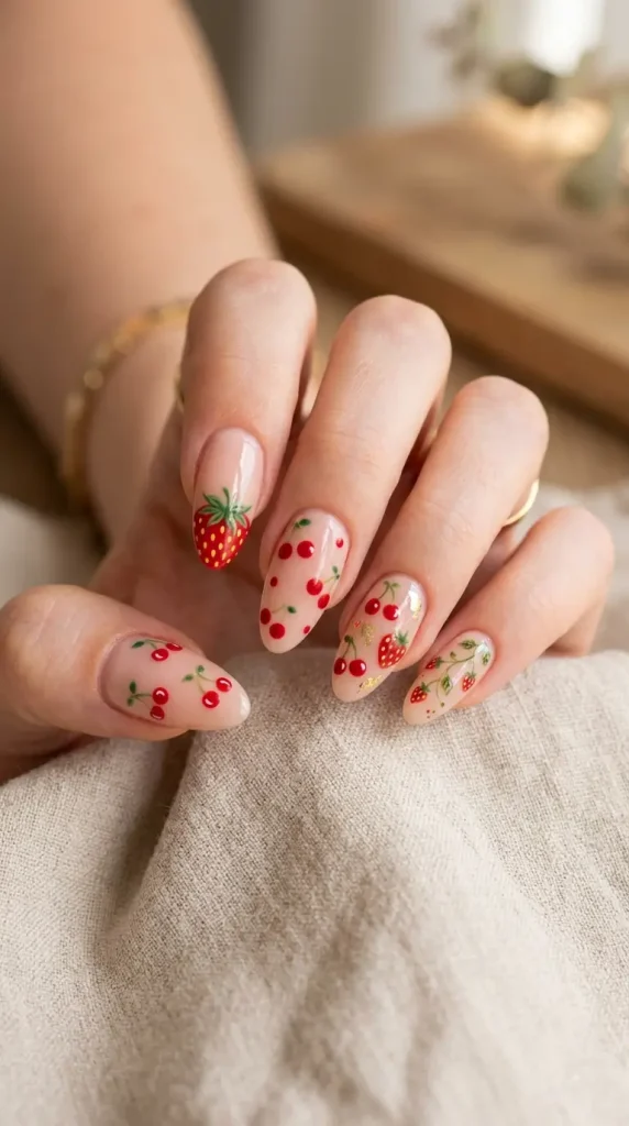 Short nude nails with tiny cherry dot accents in a simple everyday look