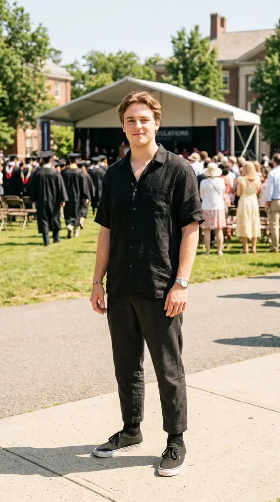 Loose linen shirt with cropped trousers in a summer graduation outfit