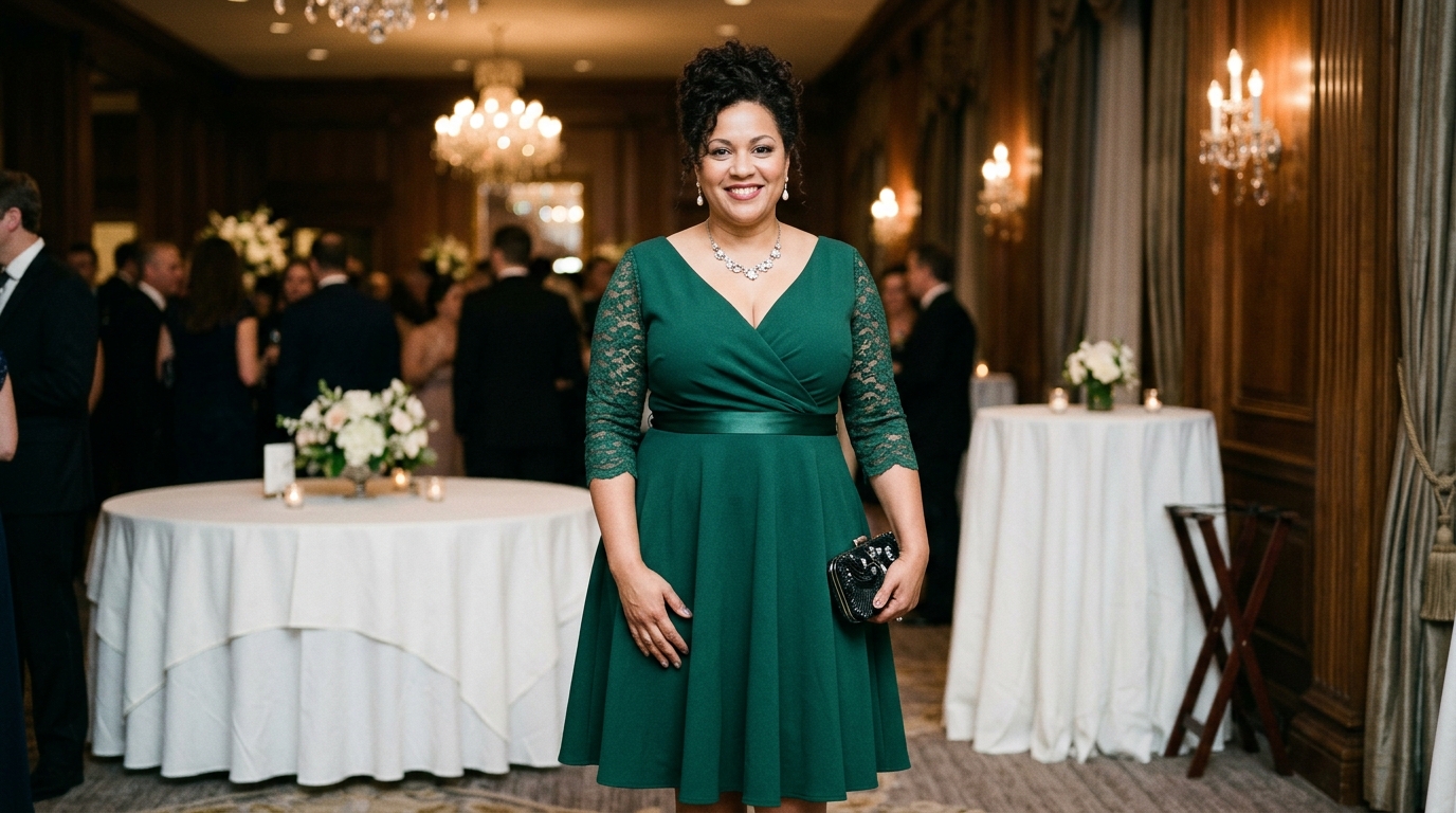 very obese plus size woman over 40 wearing stylish homecoming dress at elegant event venue