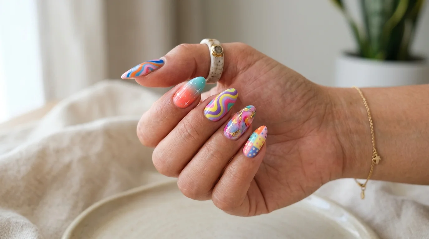 colorful nail ideas bright multicolor manicure with creative nail art designs