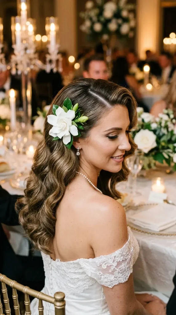 side swept waves long hair wedding hairstyle bride white gardenia deep side part off-shoulder gown candlelight glamour