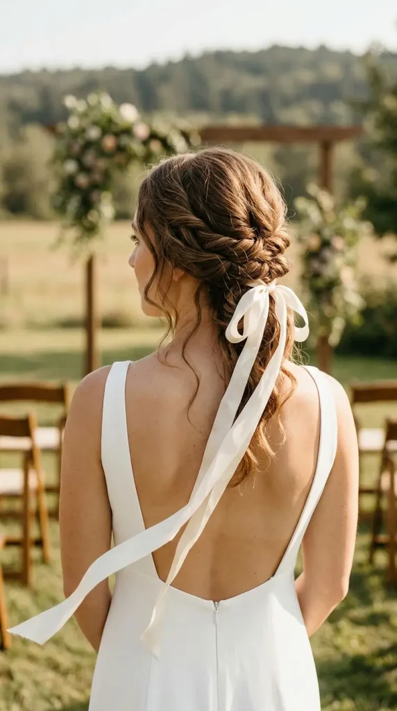 twisted updo ribbon long hair wedding hairstyle bride ivory silk ribbon open back dress outdoor ceremony